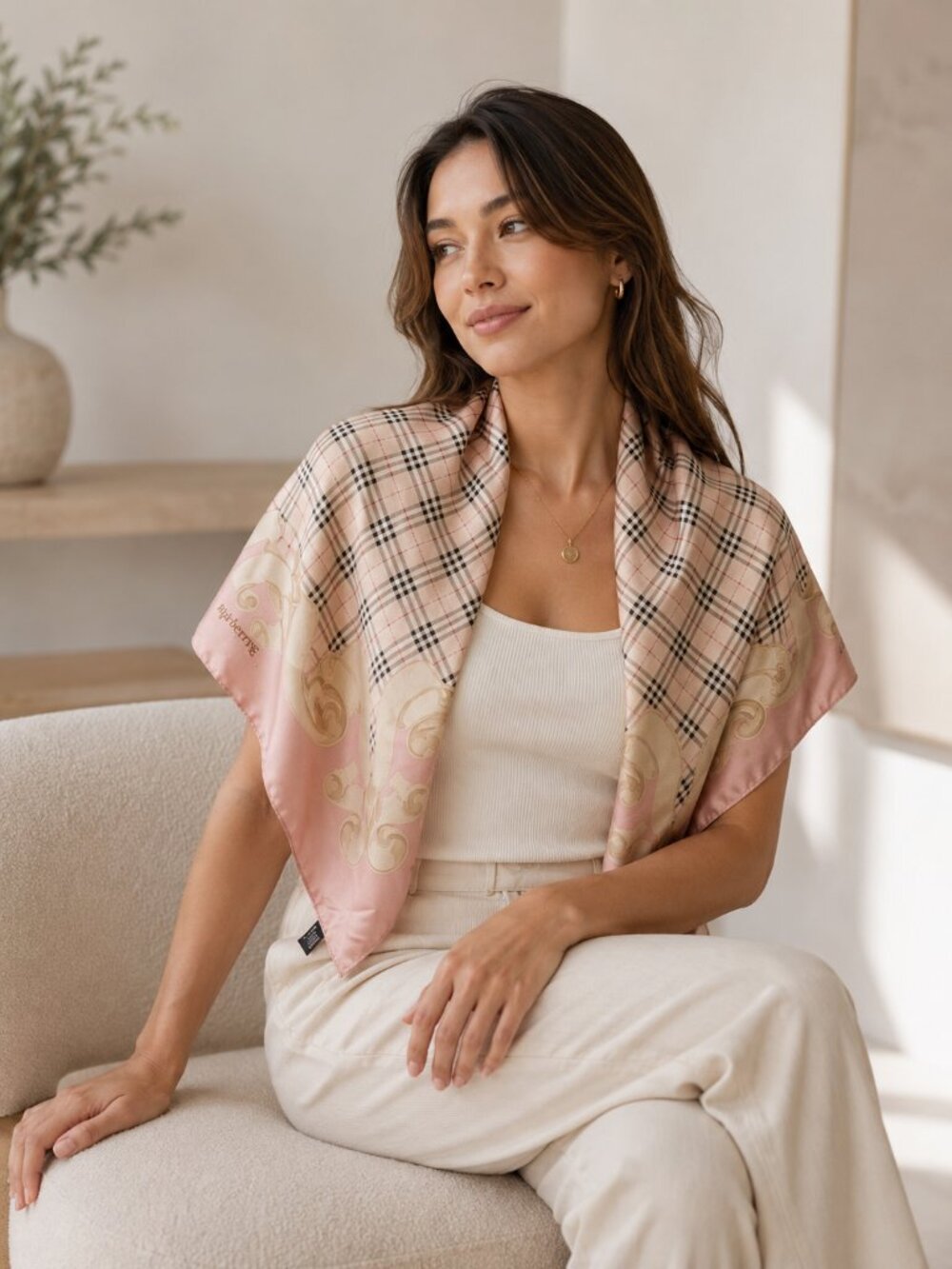 Burberry Pink & Beige Silk Plaid Scarf